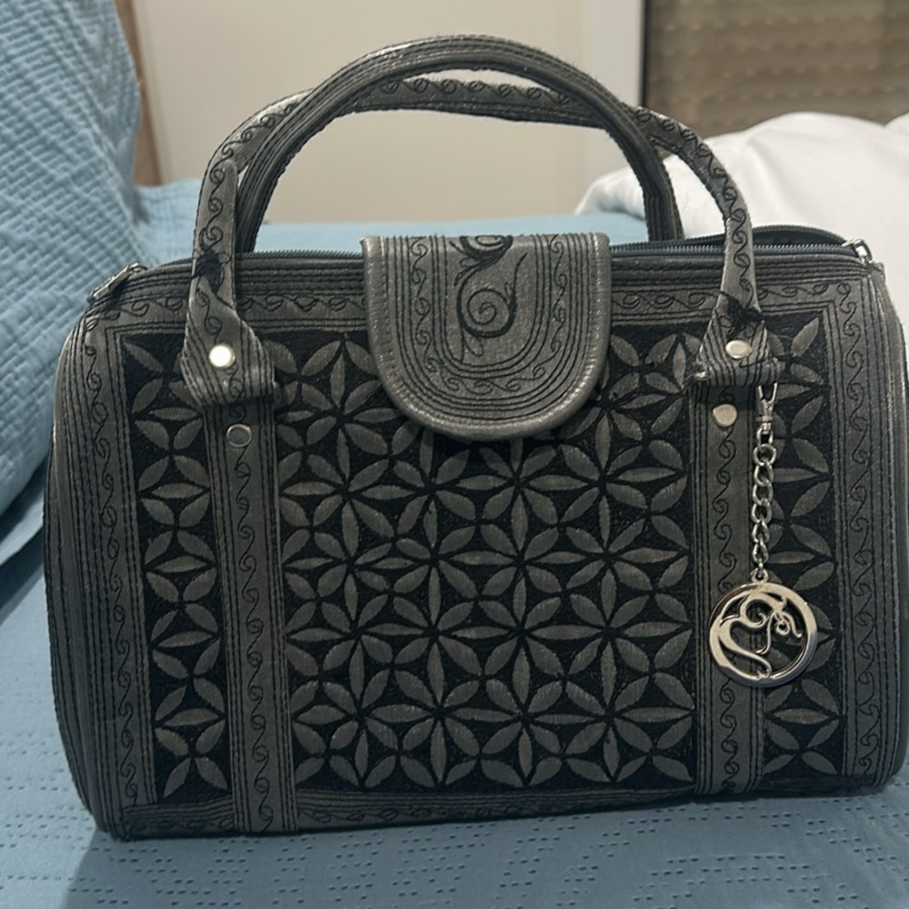 Embroidered Black Satchel with Patterned Detail
